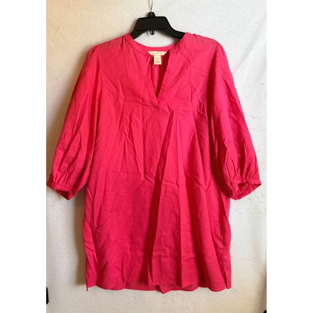 H&M Linen Cotton Blend V-Neck Tunic Dress Hot Pink 3/4 Puff Sleeve Size M H&M Linen Cotton Blend V-Neck Tunic Dress Hot Pink 3/4 Puff Sleeve Size M
